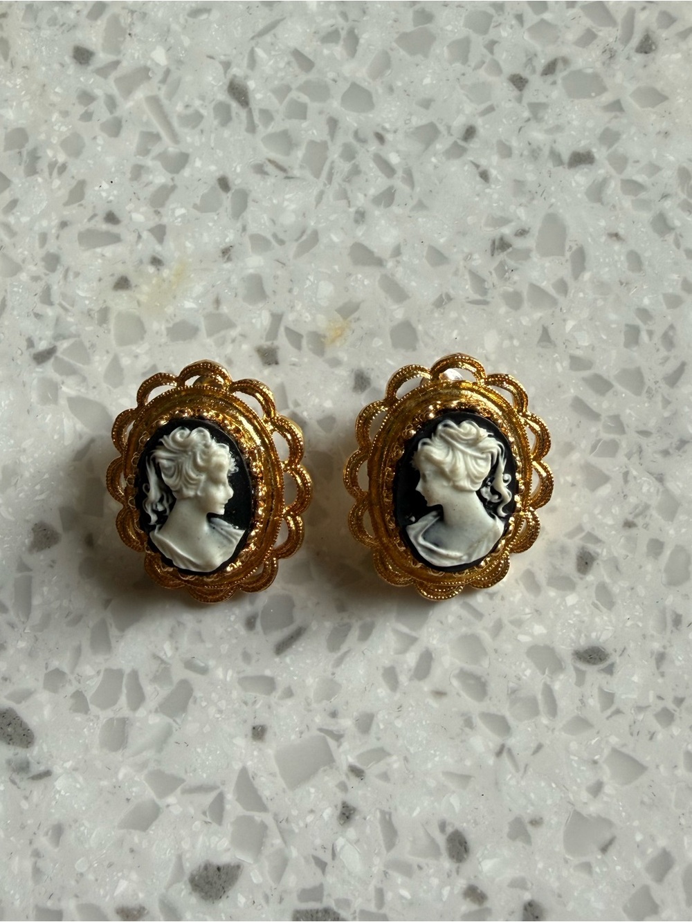 Gold-Tone Cameo Earrings with Black & White Portraits
